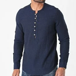 Meilleure affaire 🌟 Chemise Manches Longues Col Tunisien JCH-802 Bleu Marine Chiné de Armita 🤩