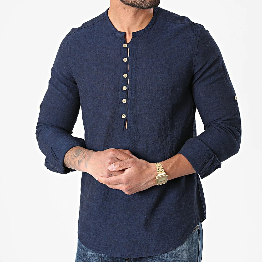 Meilleure affaire 🌟 Chemise Manches Longues Col Tunisien JCH-802 Bleu Marine Chiné de Armita 🤩 3 Meilleure affaire 🌟 Chemise Manches Longues Col Tunisien JCH-802 Bleu Marine Chiné de Armita 🤩 – Image 3