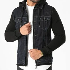 Remise ✨ Veste Jean A Capuche GJ-3023 Bleu Brut Noir de Armita ⭐