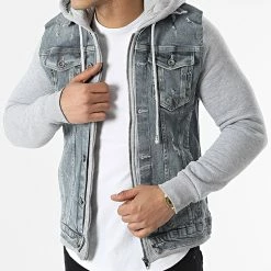 Offres 🎁 Veste Jean Zippée Capuche GJ-3020 Bleu Denim Gris Chiné de Armita 👍