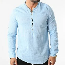Budget 😍 Chemise Manches Longues Col Tunisien JCH-802 Bleu Clair Chiné de Armita ✔️