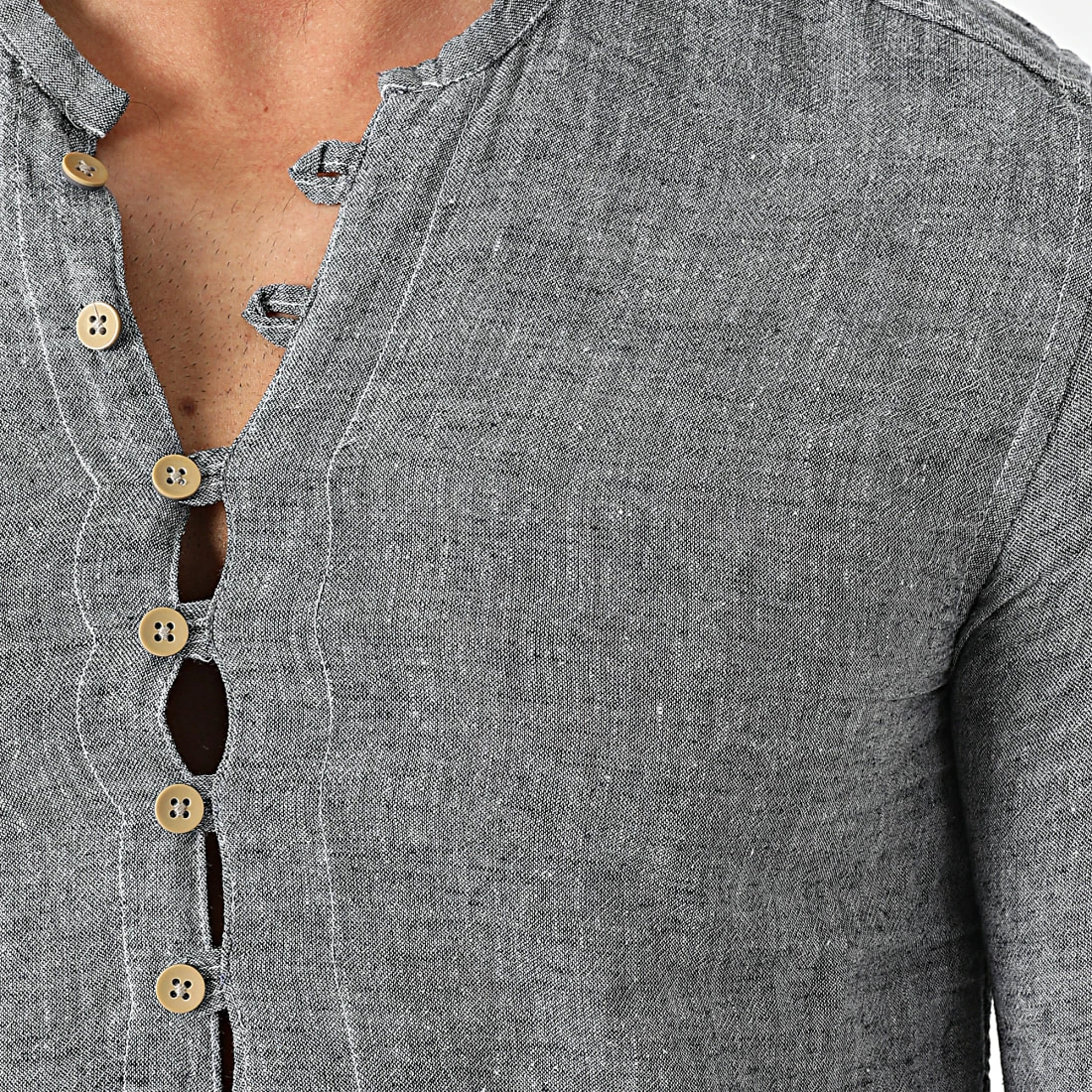 Promo ⭐ Chemise Manches Longues Col Tunisien JCH-802 Gris Anthracite Chiné de Armita ✔️ 2 Promo ⭐ Chemise Manches Longues Col Tunisien JCH-802 Gris Anthracite Chiné de Armita ✔️ – Image 2