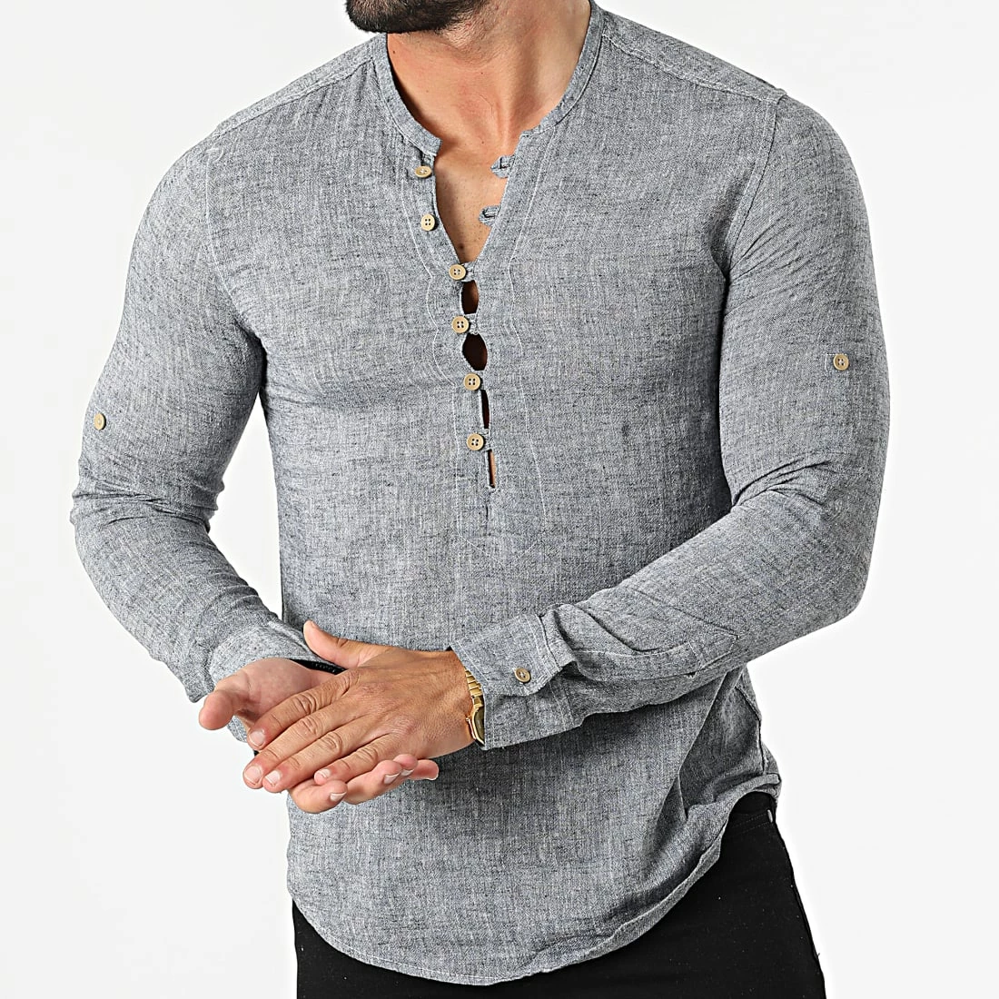 Promo ⭐ Chemise Manches Longues Col Tunisien JCH-802 Gris Anthracite Chiné de Armita ✔️ 3 Promo ⭐ Chemise Manches Longues Col Tunisien JCH-802 Gris Anthracite Chiné de Armita ✔️ – Image 3