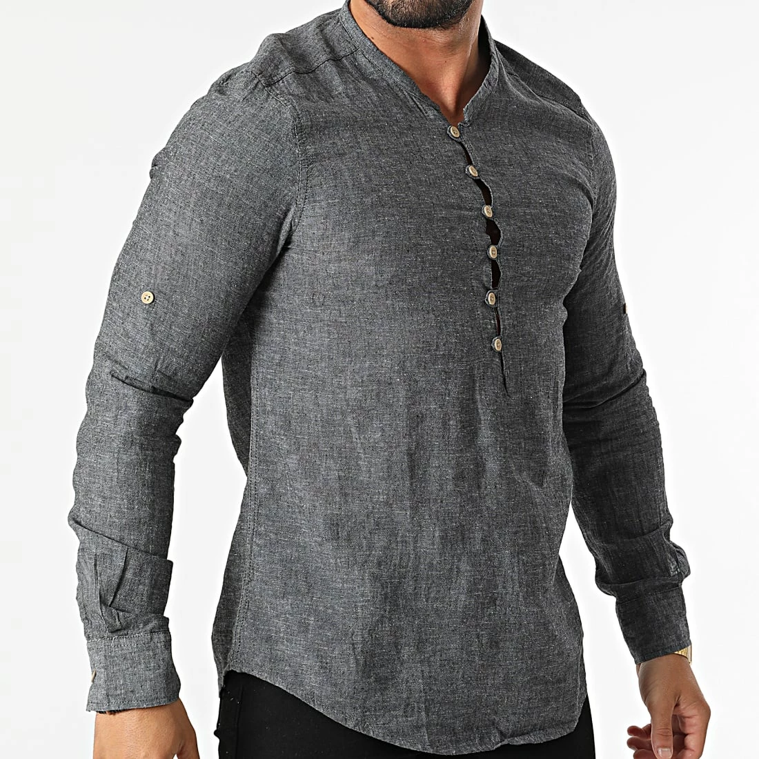 Meilleure affaire 🌟 Chemise Manches Longues Col Tunisien JCH-802 Noir Chiné de Armita ✔️ 3 Meilleure affaire 🌟 Chemise Manches Longues Col Tunisien JCH-802 Noir Chiné de Armita ✔️ – Image 3