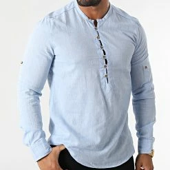 Vente flash 🎉 Chemise Manches Longues Col Tunisien JCH-802 Bleu Clair Chiné de Armita ⭐ -Armita Soldes 2022 armita 319040 JCH 802 BLUE 20220517T160458 03